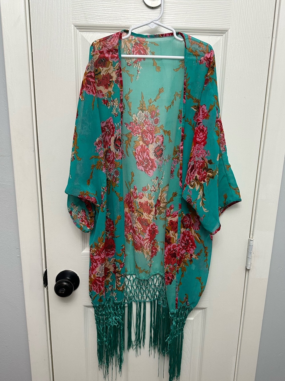 Floral Fringe Kimono - Teal and Pink
